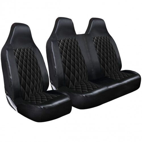 2+1 Black Leather PVC Diamond Pattern Quilting Van Seat Covers