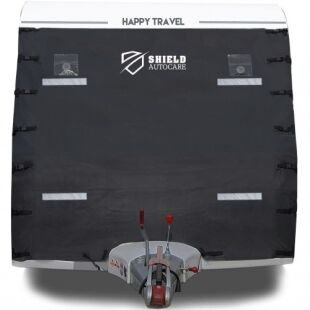 Caravan Front Cover for towing with LED lights and reflective strips.