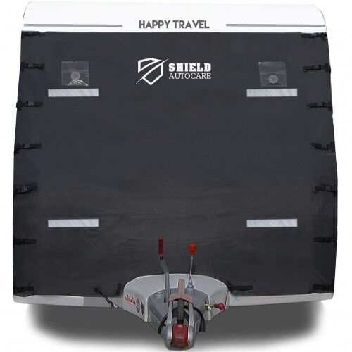 Caravan Front Cover for towing with LED lights and reflective strips.